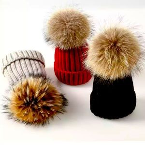 Total of 4 hats New fur Pom Pom Hats women and girls red, beige, white & black